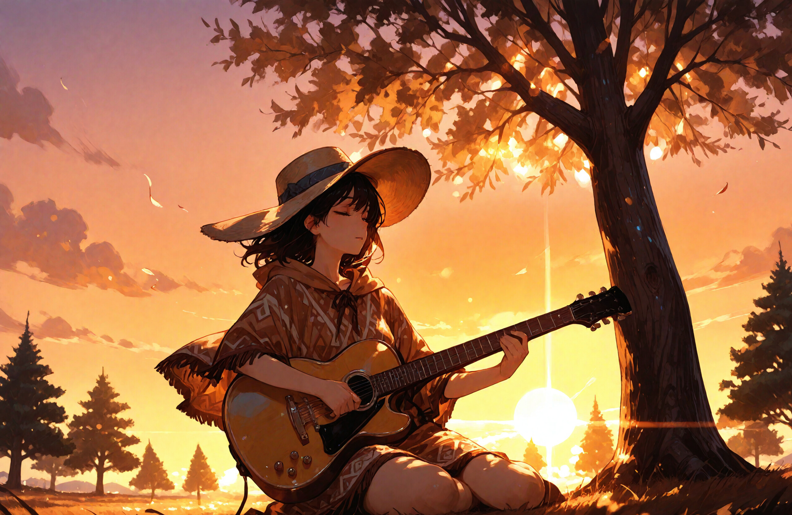 Una chica de estilo anime, con el pelo oscuro, que lleva un poncho y un sombrero de ala ancha, está sentada apoyada en un gran árbol al atardecer, tocando tranquilamente una guitarra acústica.