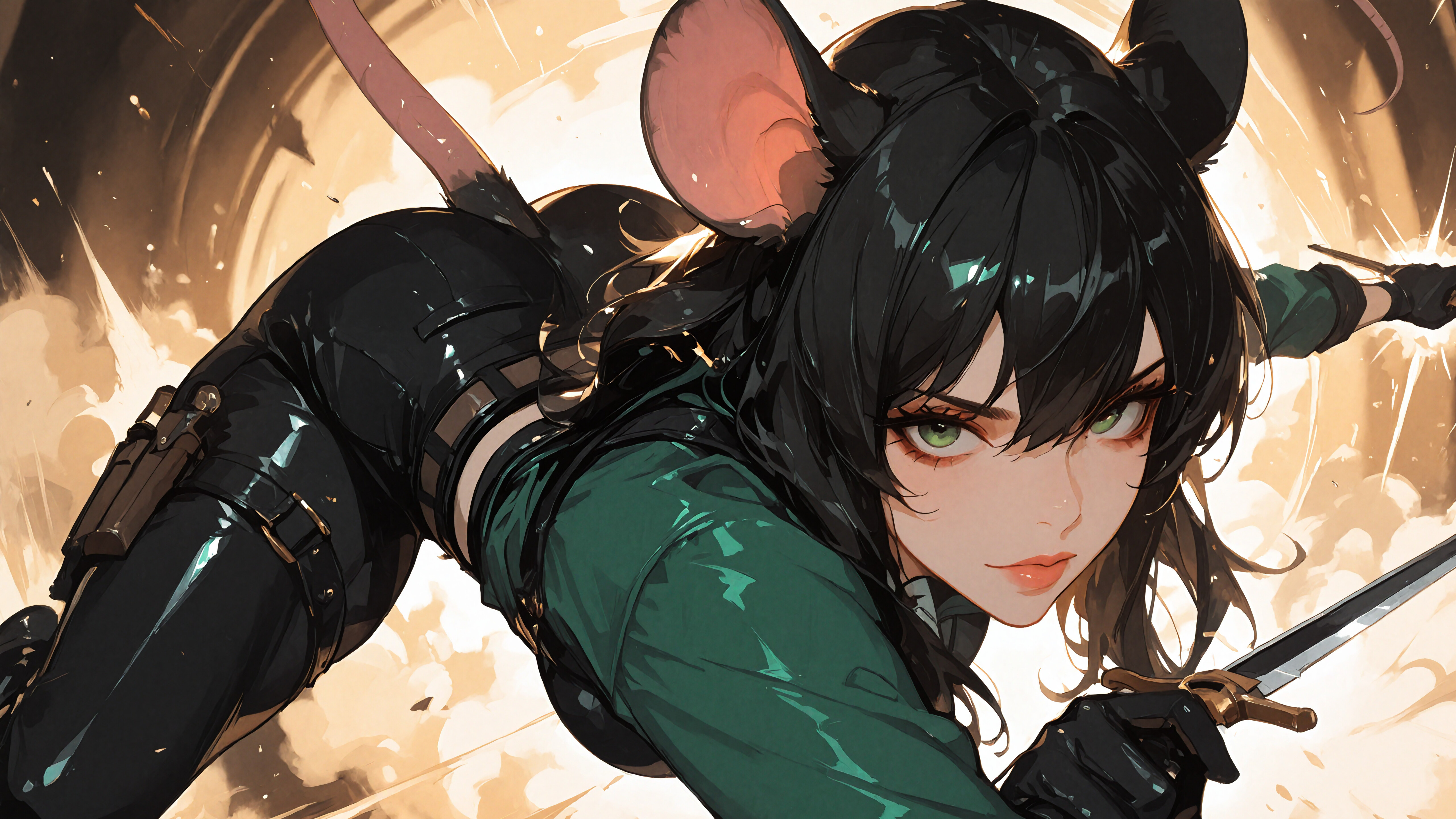 Una joven protagonista de anime, de cabello negro, ojos verdes, grandes orejas de ratón y una larga cola de ratón, vestida como una aventurera con una camisa verde y pantalones negros, está tendida en un suelo de baldosas blancas, mirando directamente a la cámara.