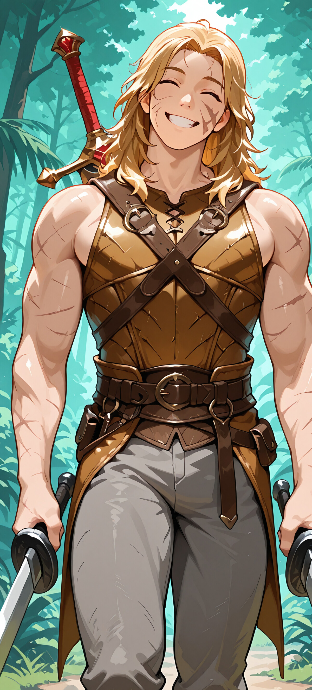 Un joven musculoso, de cabello rubio largo y con una gran sonrisa, vestido con una armadura de cuero marrón y sosteniendo dos espadas en un bosque verde.