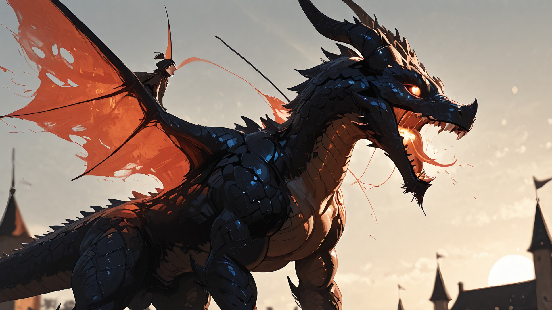 Un enorme dragón serpentino, resplandeciente de fuego y llamas, se posa con majestuosidad en la torre más alta de un castillo gótico y sombrío, al atardecer.