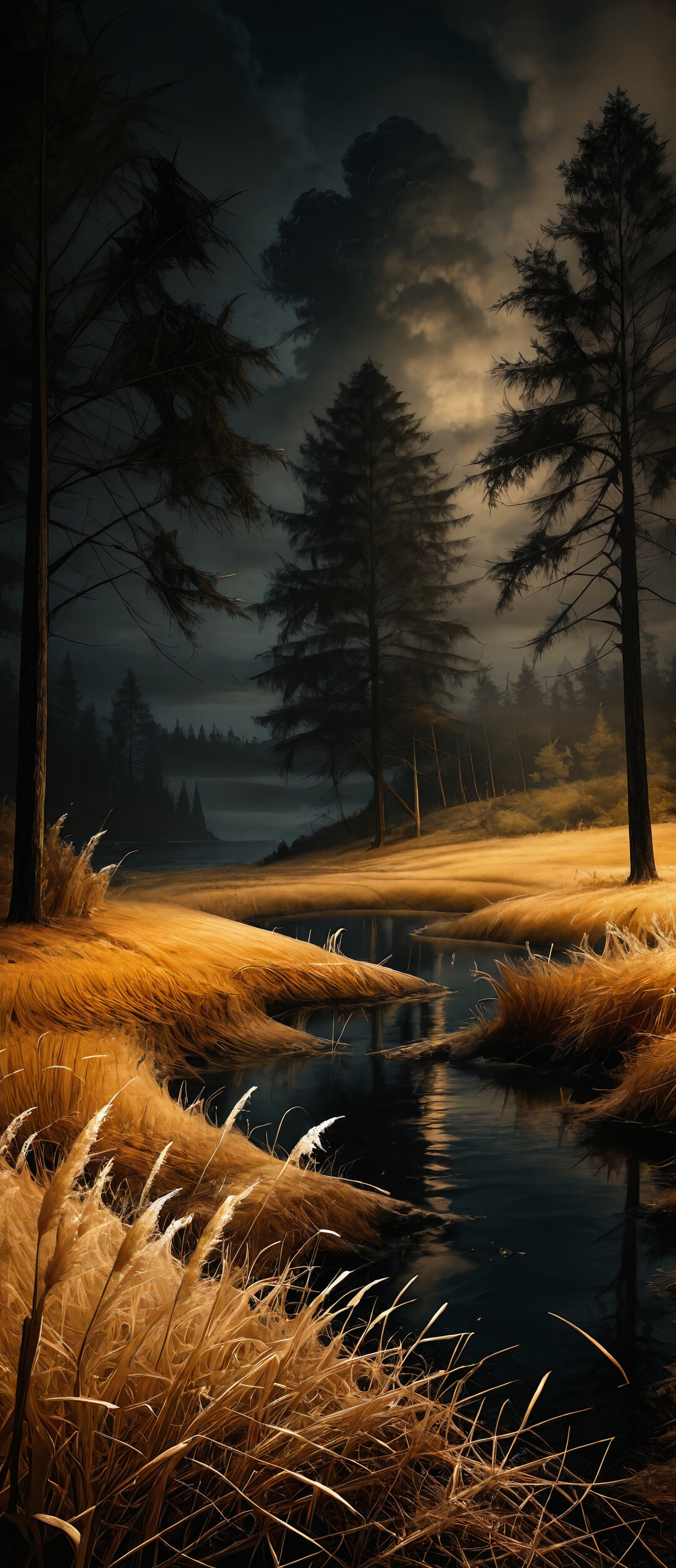 Una imagen de estilo pictórico que muestra un sendero de tierra serpenteando a través de un campo dorado de hierba alta, en dirección al océano, enmarcado por árboles de pino oscuros bajo un cielo nocturno nublado.