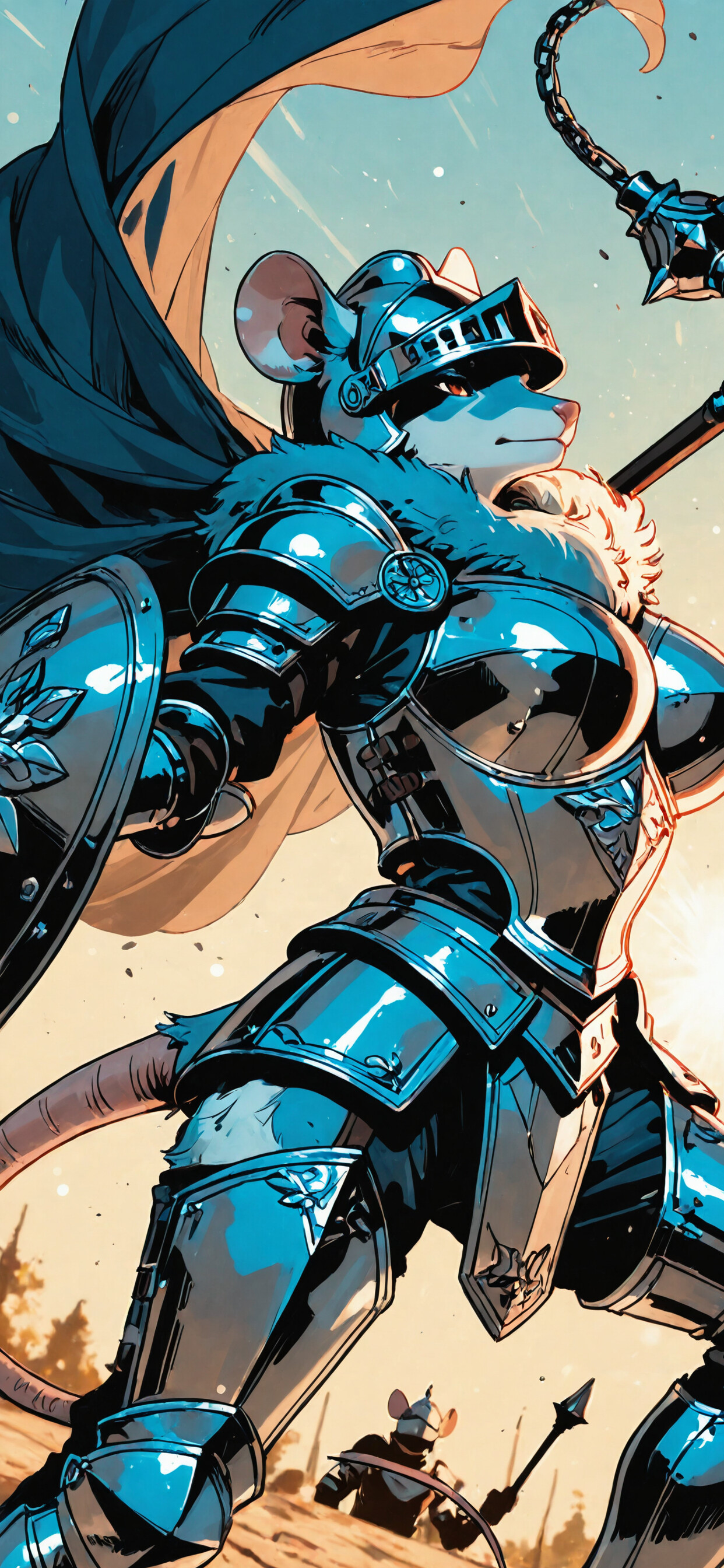 Una ilustración digital de una guerrera ratón antropomórfica, ataviada con una armadura completa de placas y un casco, que sostiene un mazo y lleva una capa roja ondeando a su espalda. Su rostro refleja una expresión decidida.