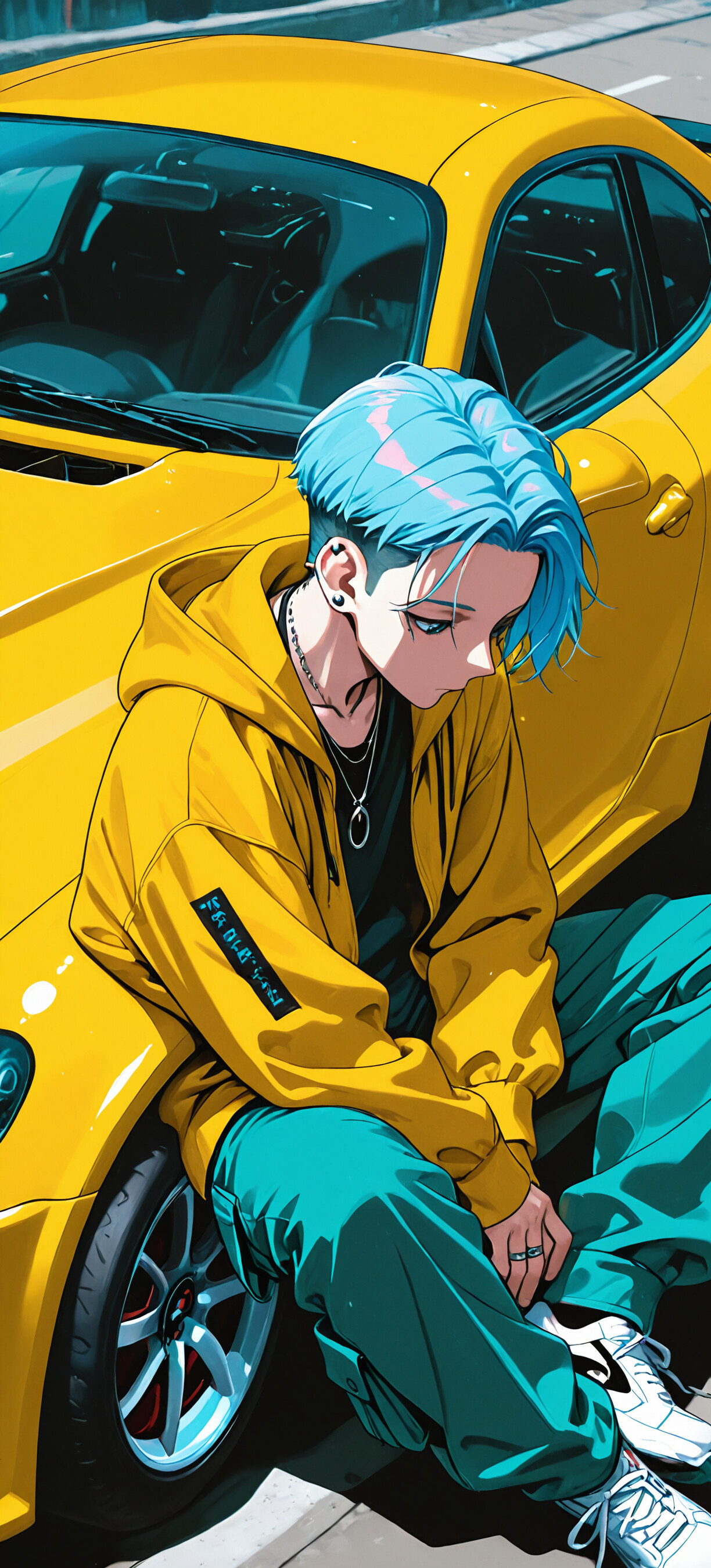Una ilustración de estilo anime que representa a un joven de pelo azul y chaqueta amarilla sentado en el capó de un coche deportivo amarillo, mirando hacia abajo.