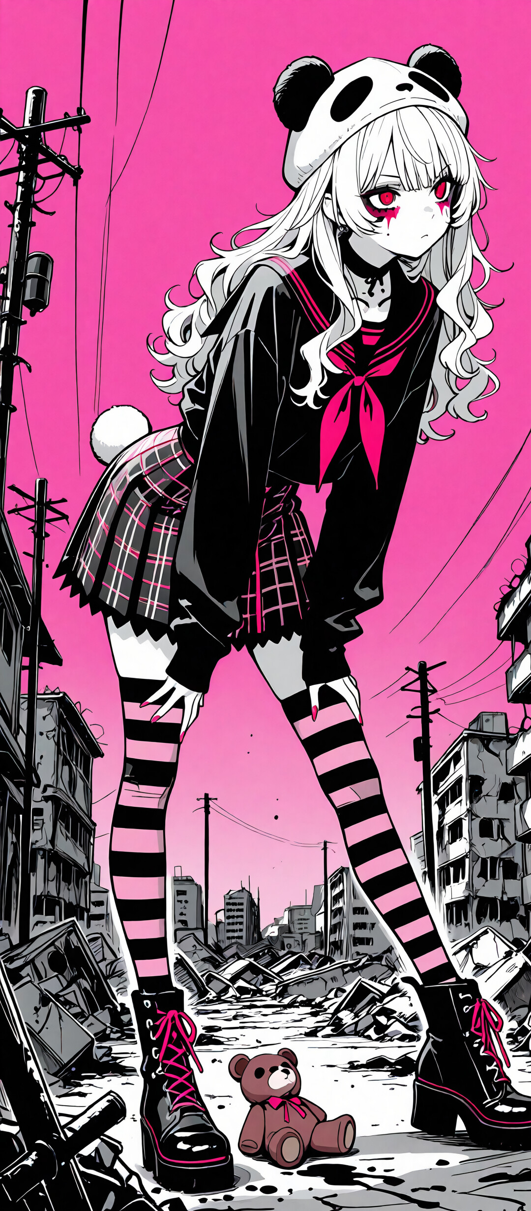 Una ilustración al estilo anime del personaje MaiMai de Arknights, con el pelo largo y rosa y un gorro de panda. Está agachada en una calle de una ciudad en ruinas, en blanco y negro, bajo un cielo de un intenso color rosa.