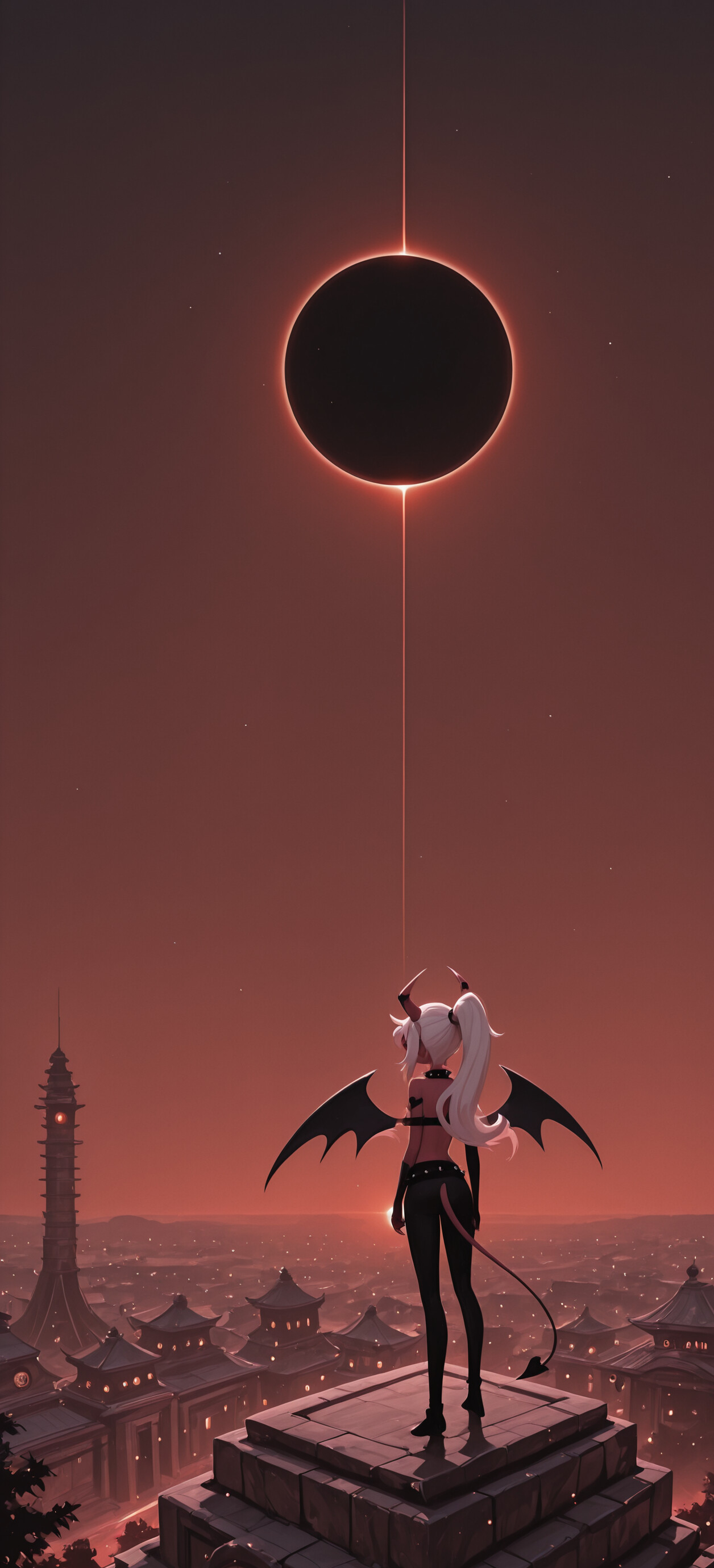 Verosika Mayday, un personaje demoníaco de pelo largo y blanco, con cuernos y alas, se encuentra en la cima de una montaña, contemplando un paisaje infernal con un alto pagodo bajo un eclipse solar total.