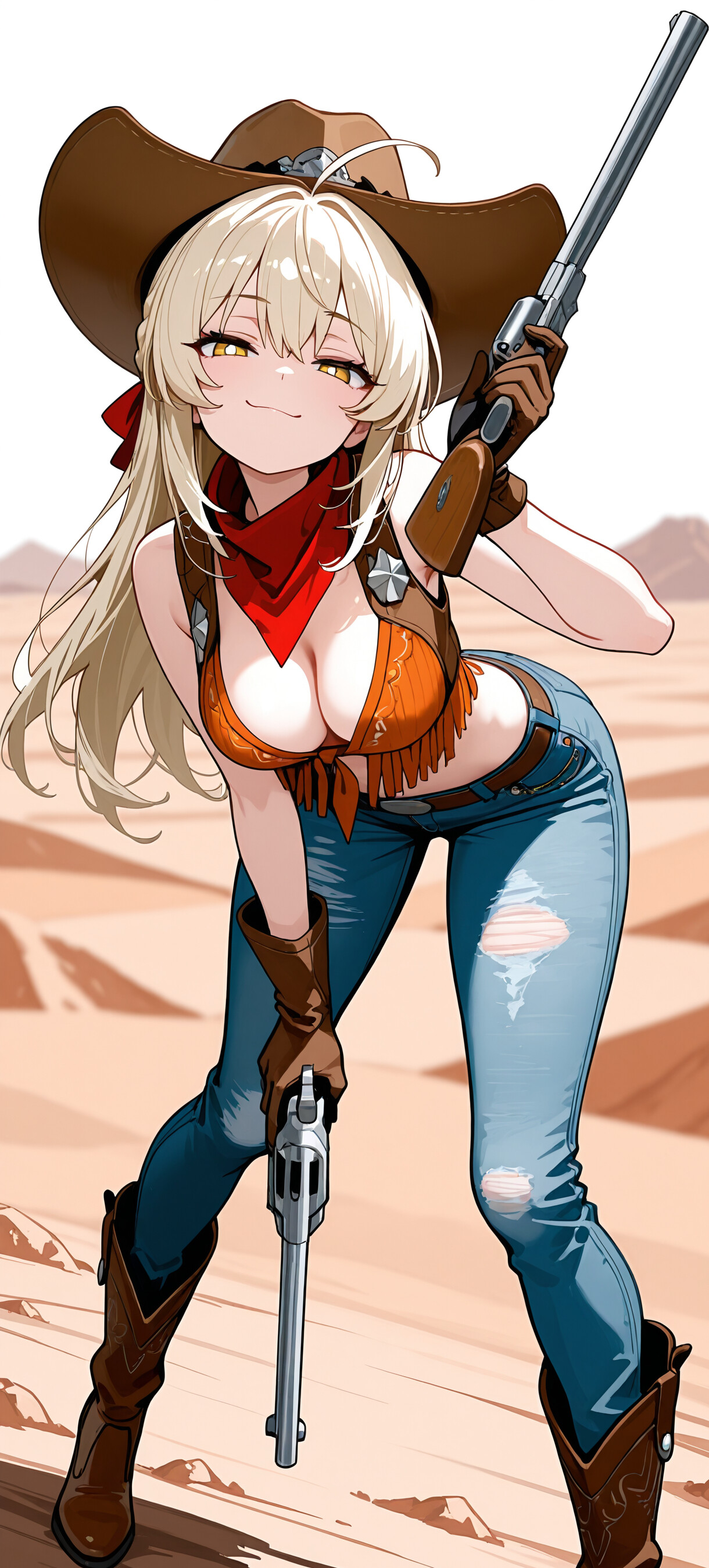 Una ilustración de estilo anime que representa a una vaquera rubia, identificada como Lumine, del juego Genshin Impact, en un desierto. Lleva un sombrero de vaquero, un chaleco con flecos y unos vaqueros rotos, y sonríe con aire de suficiencia mientras apunta con un revólver al espectador.