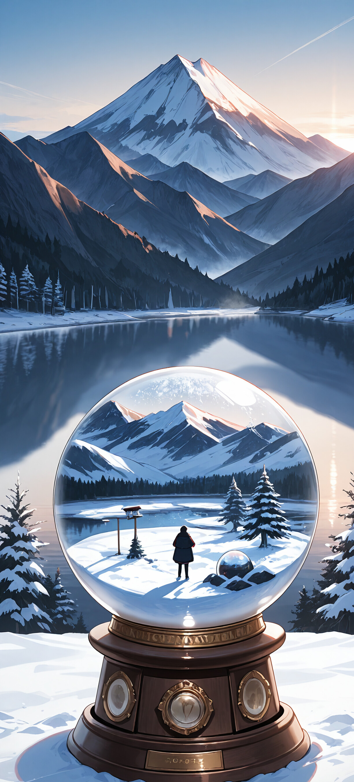 Una bola de nieve de cristal que contiene una escena invernal en miniatura, con una cabaña y árboles, y que se sitúa sobre un fondo realista de una cadena montañosa cubierta de nieve y un lago tranquilo al amanecer.