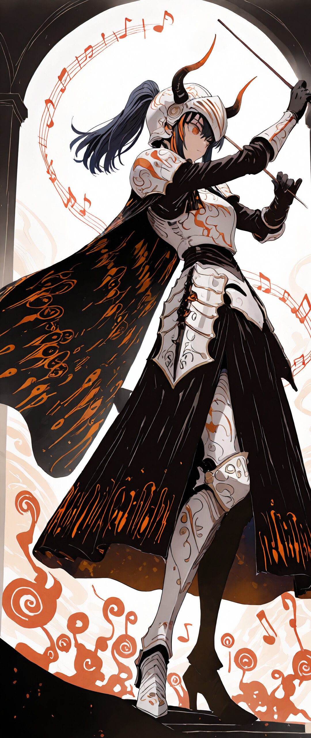 Una ilustración al estilo anime del personaje Yaneko Uta, representada como una directora de orquesta ataviada con armadura. Lleva una elaborada armadura blanca y plateada, una capa negra y un casco con cuernos. Sostiene dos batutas y está de pie en medio de un vórtice de brillantes notas musicales de color naranja.